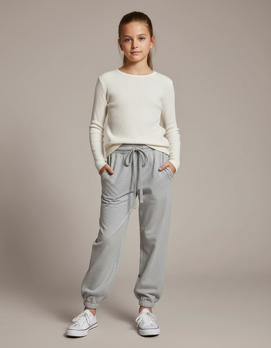 Pantalon Parachute Gris Ample Cordon Confortable Fille - Molleton