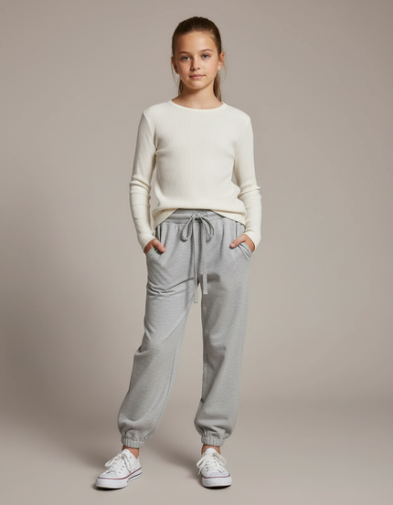 Pantalon Parachute Gris Ample Cordon Confortable Fille - Molleton