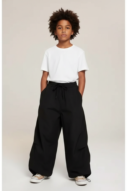 Pantalon Parachute Noir Ample Cordon Unisexe Décontracté - Polyester