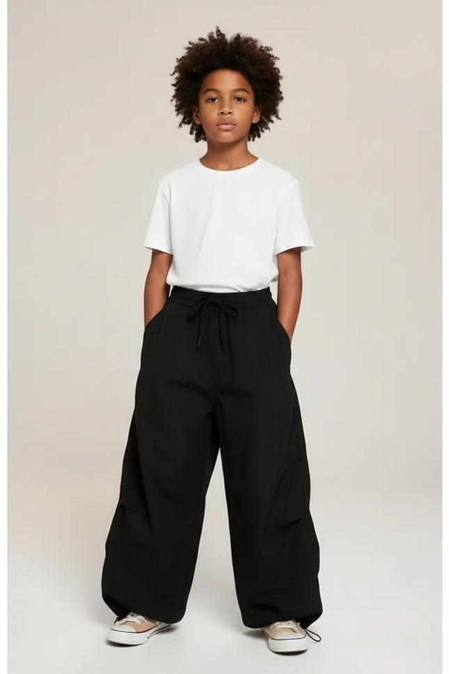 Pantalon Parachute Noir Ample Cordon Unisexe Décontracté - Polyester
