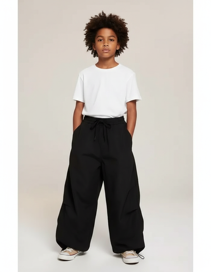 Pantalon Parachute Noir Ample Cordon Unisexe Décontracté - Polyester