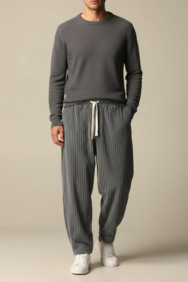Pantalon Parachute Gris Côtelé Ample Cordon Décontracté Homme - Cordé