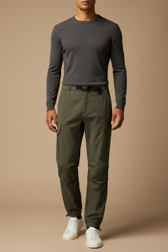 Pantalon Parachute Kaki Cargo Cordon Homme Moderne - Polyester