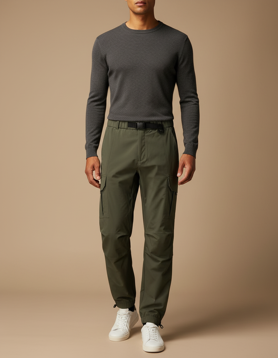 Pantalon Parachute Kaki Cargo Cordon Homme Moderne - Polyester