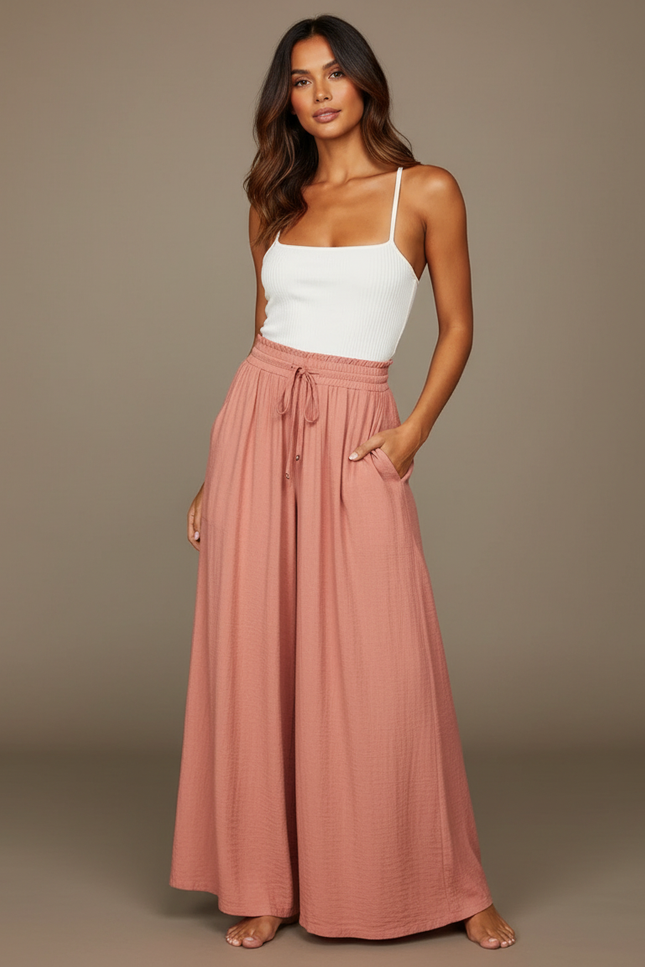 Pantalon Parachute Rose Pêche Fluide Ample Taille Élastique - Viscose