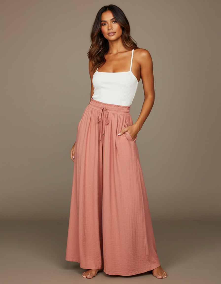 Pantalon Parachute Rose Pêche Fluide Ample Taille Élastique - Viscose