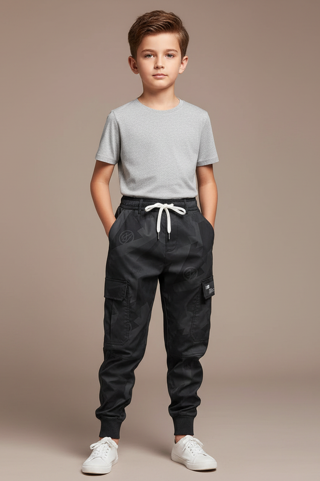 Pantalon Parachute Noir Camouflage Cargo Cordon Enfant - Polyester