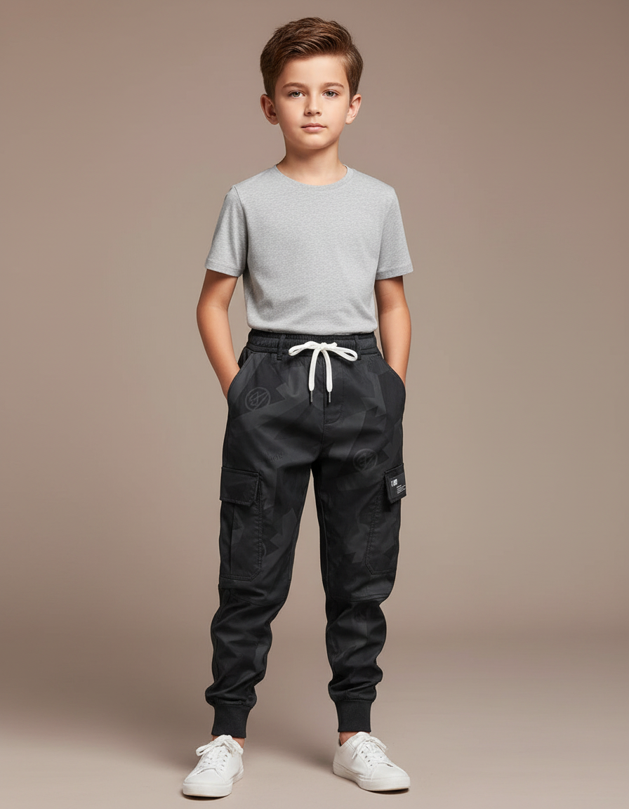 Pantalon Parachute Noir Camouflage Cargo Cordon Enfant - Polyester