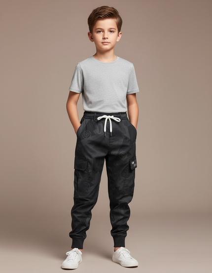 Pantalon Parachute Noir Camouflage Cargo Cordon Enfant - Polyester