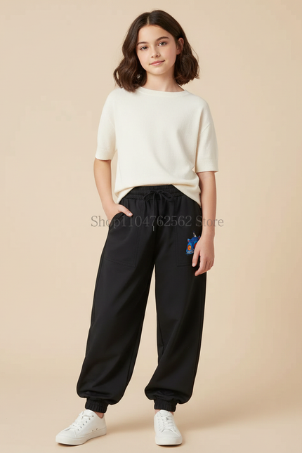 Pantalon Parachute Noir Ample Imprimé Décontracté Enfant - Polyester