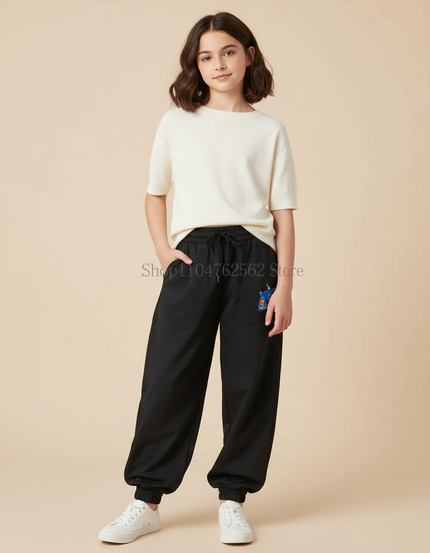 Pantalon Parachute Noir Ample Imprimé Décontracté Enfant - Polyester