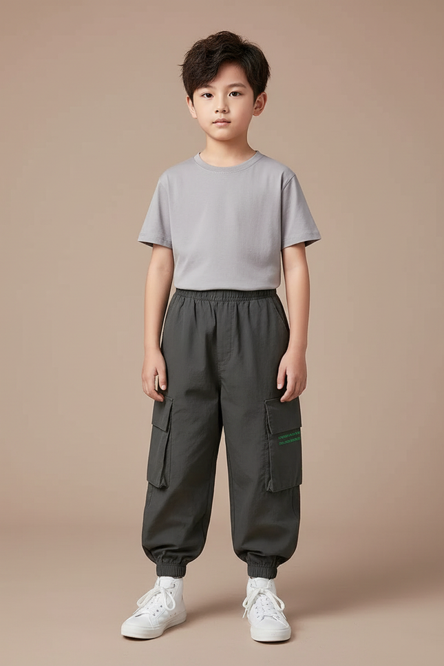 Pantalon Parachute Gris Cargo Ample Garçon Urbain - Kaki Polyester