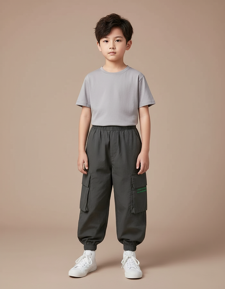 Pantalon Parachute Gris Cargo Ample Garçon Urbain - Kaki Polyester