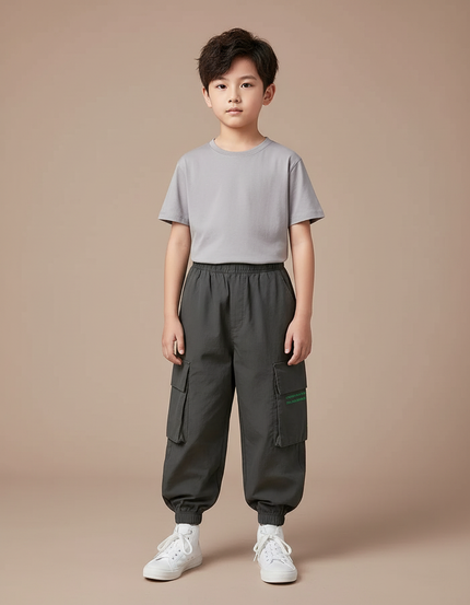 Pantalon Parachute Gris Cargo Ample Garçon Urbain - Kaki Polyester