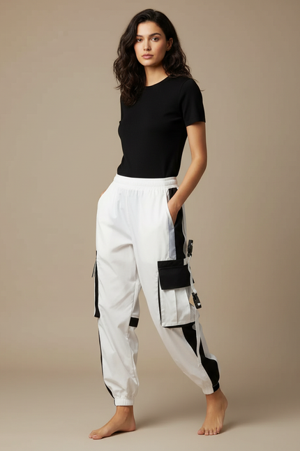 Pantalon Parachute Bicolore Cargo Femme Techwear Ample - Multicolore Polyester
