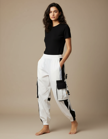 Pantalon Parachute Bicolore Cargo Femme Techwear Ample - Multicolore Polyester