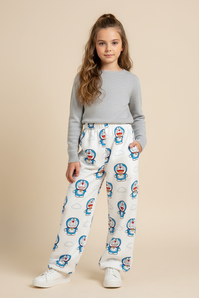 Pantalon Parachute Blanc Polaire Ample Doraemon Fille - Molleton