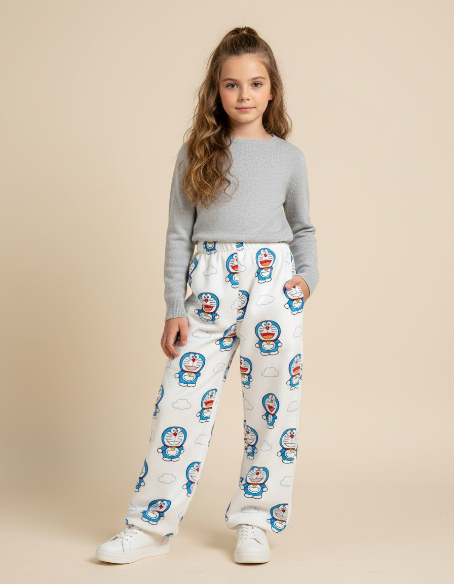 Pantalon Parachute Blanc Polaire Ample Doraemon Fille - Molleton
