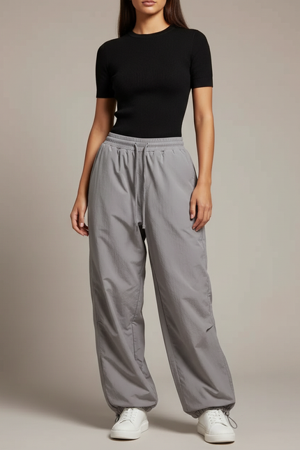 Pantalon Parachute Gris Ample Décontracté Fluide Femme - Polyester