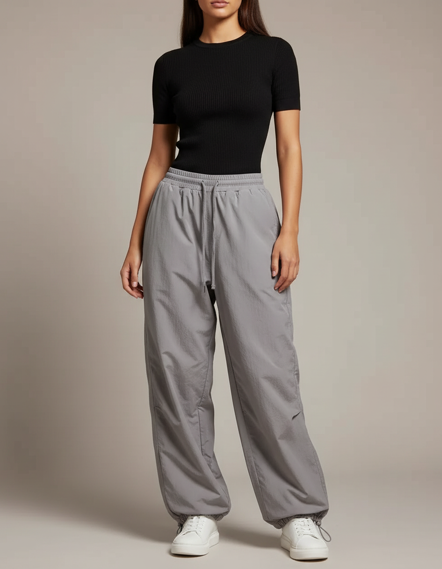 Pantalon Parachute Gris Ample Décontracté Fluide Femme - Polyester
