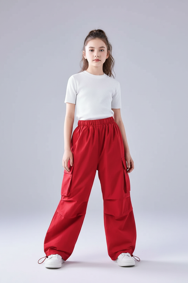 Pantalon Parachute Rouge Cargo Ample Fille Hip Hop - Toile