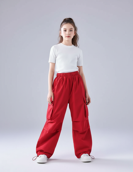 Pantalon Parachute Rouge Cargo Ample Fille Hip Hop - Toile