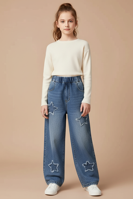 Pantalon Parachute Denim Étoiles Ample Enfant - Bleu Jean