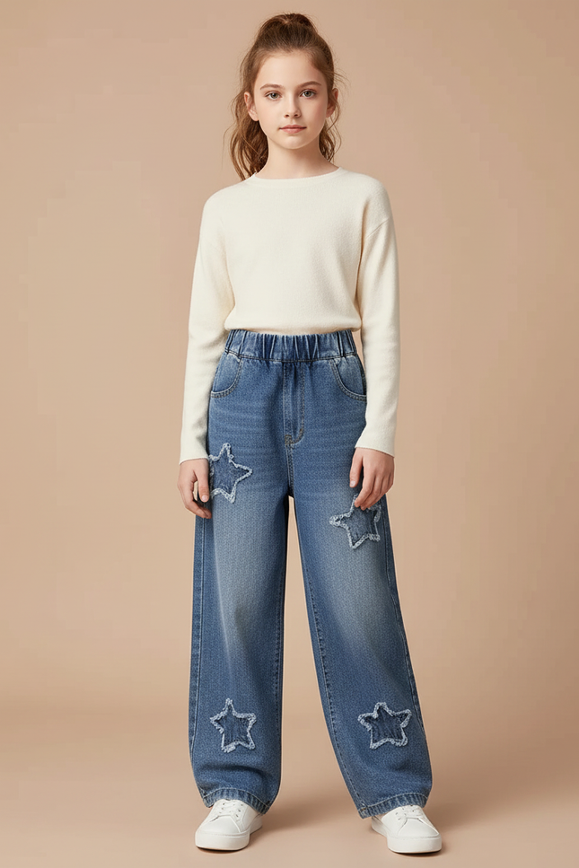 Pantalon Parachute Denim Étoiles Ample Enfant - Bleu Jean