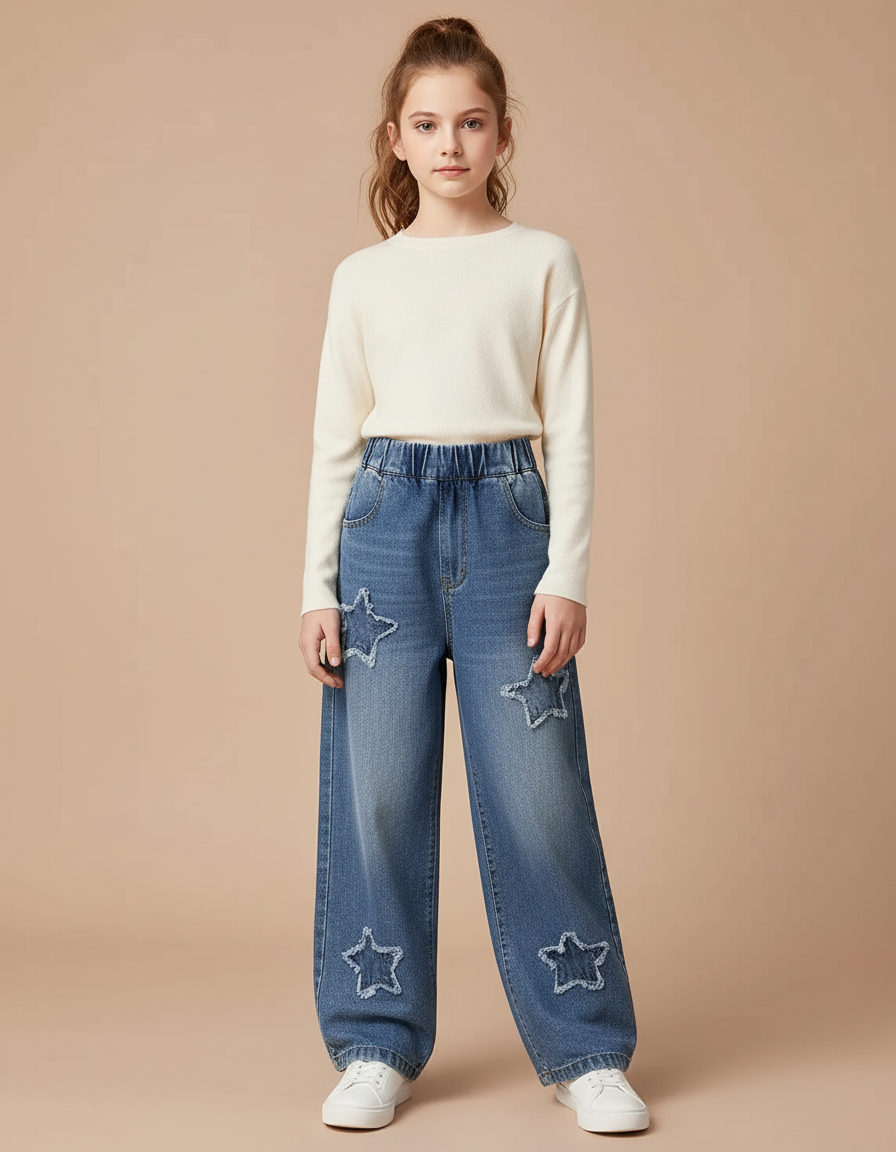 Pantalon Parachute Denim Étoiles Ample Enfant - Bleu Jean