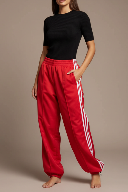 Pantalon Parachute Rouge Ample Rayures Blanches Sport Décontracté - Polyester