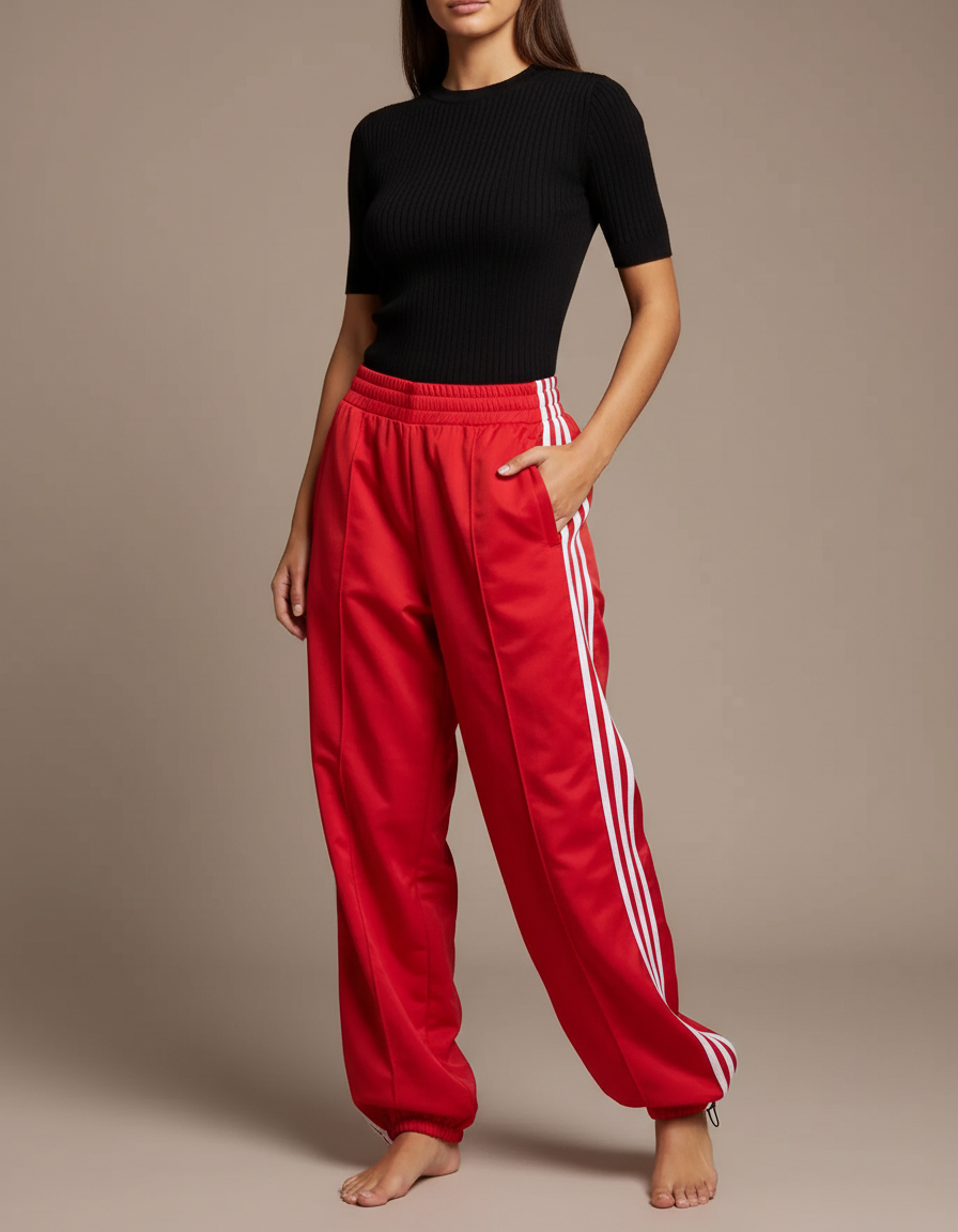 Pantalon Parachute Rouge Ample Rayures Blanches Sport Décontracté - Polyester