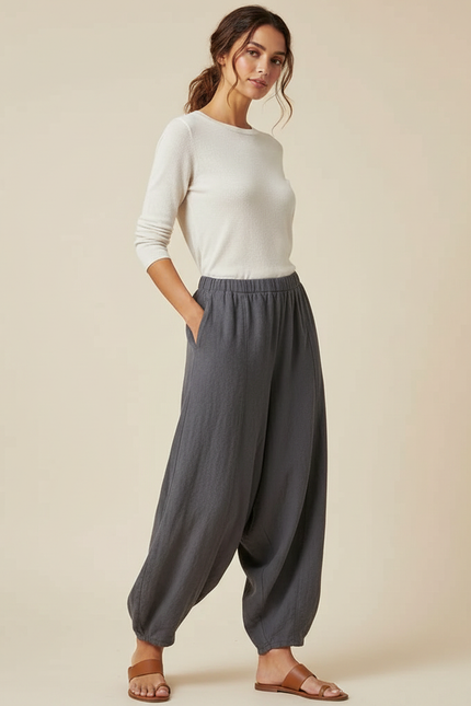 Pantalon Parachute Gris Ample Lin Coton Femme