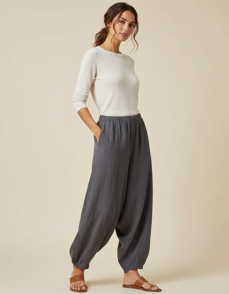Pantalon Parachute Gris Ample Lin Coton Femme