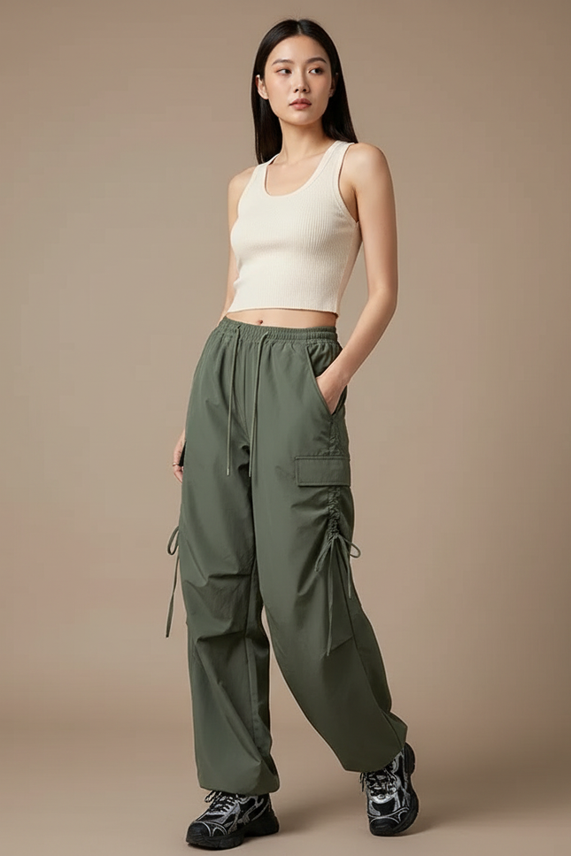 Pantalon Parachute Kaki Ample Cargo Cordon Sport Femme - Polyester
