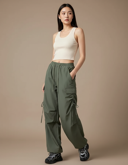Pantalon Parachute Kaki Ample Cargo Cordon Sport Femme - Polyester