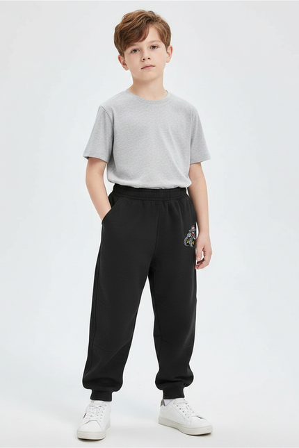 Pantalon Parachute Noir Ample Molleton Imprimé Garçon