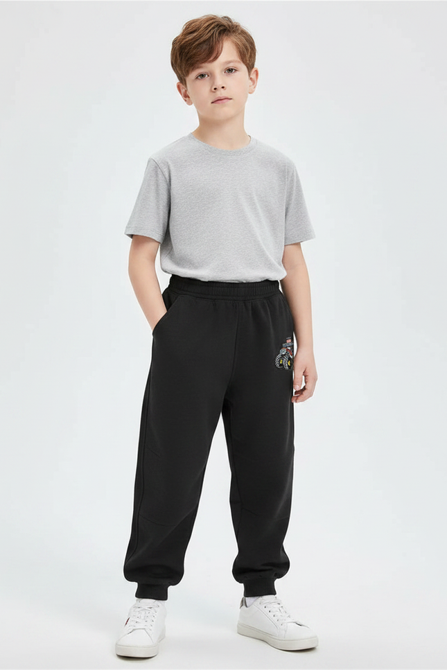 Pantalon Parachute Noir Ample Molleton Imprimé Garçon