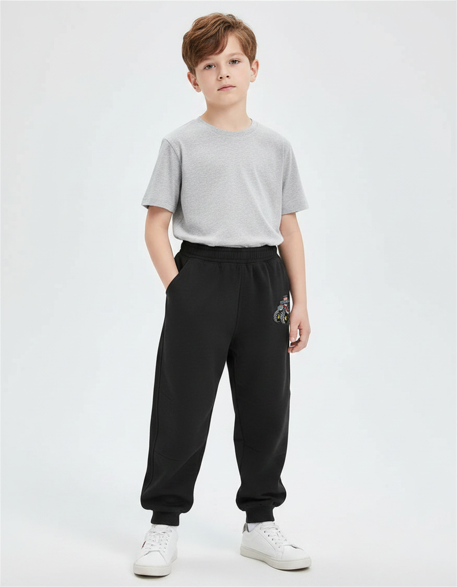 Pantalon Parachute Noir Ample Molleton Imprimé Garçon