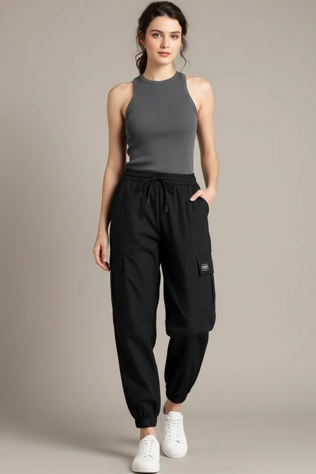 Pantalon Parachute Noir Cargo Cordon Femme Fluide - Polyester