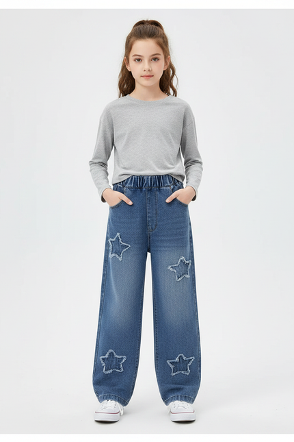 Pantalon Parachute Denim Étoiles Ample Fille Printemps - Bleu Jean