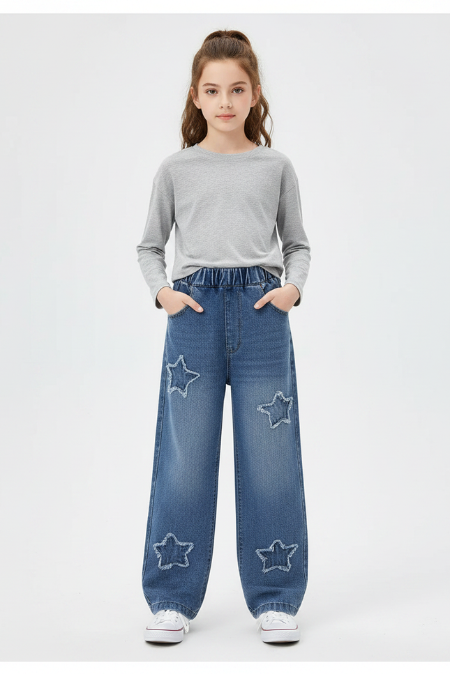 Pantalon Parachute Denim Étoiles Ample Fille Printemps - Bleu Jean