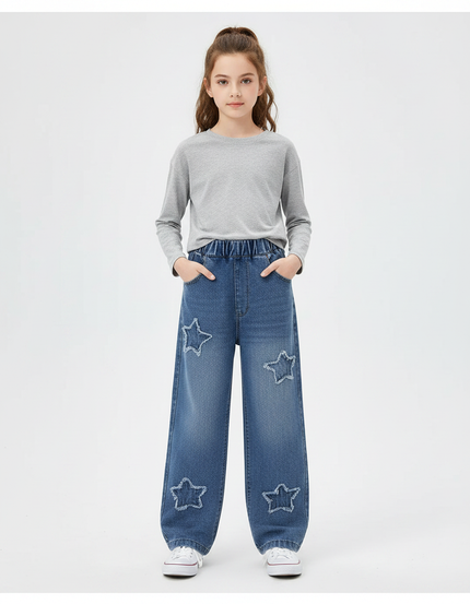 Pantalon Parachute Denim Étoiles Ample Fille Printemps - Bleu Jean