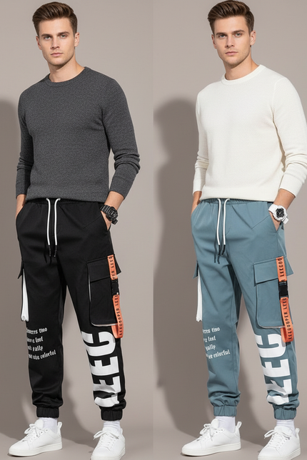 Pantalon Parachute Cargo Imprimé Ample Cordon Homme - Noir Toile