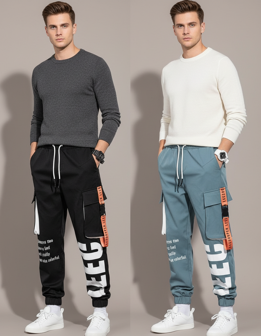 Pantalon Parachute Cargo Imprimé Ample Cordon Homme - Noir Toile