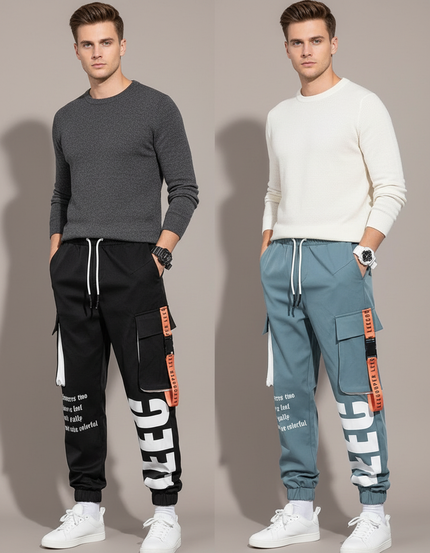 Pantalon Parachute Cargo Imprimé Ample Cordon Homme - Noir Toile