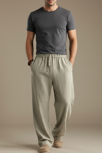 Pantalon Parachute Lin Ample Décontracté Homme Cordon - Kaki