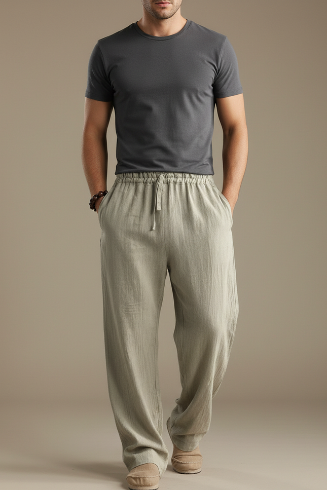 Pantalon Parachute Lin Ample Décontracté Homme Cordon - Kaki