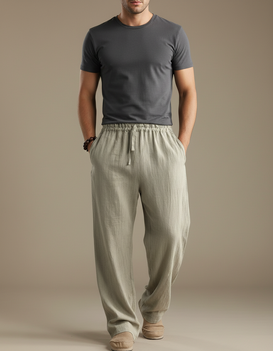 Pantalon Parachute Lin Ample Décontracté Homme Cordon - Kaki