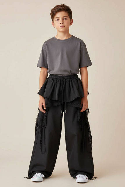 Pantalon Parachute Noir Ample Dentelle Volants Unisexe - Polyester