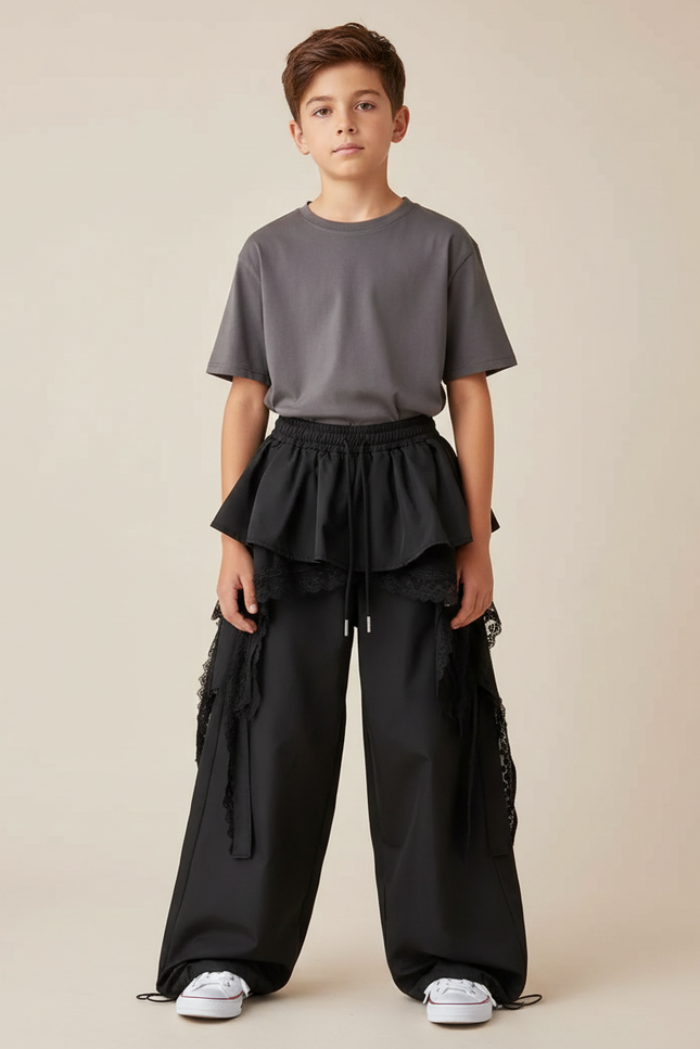 Pantalon Parachute Noir Ample Dentelle Volants Unisexe - Polyester
